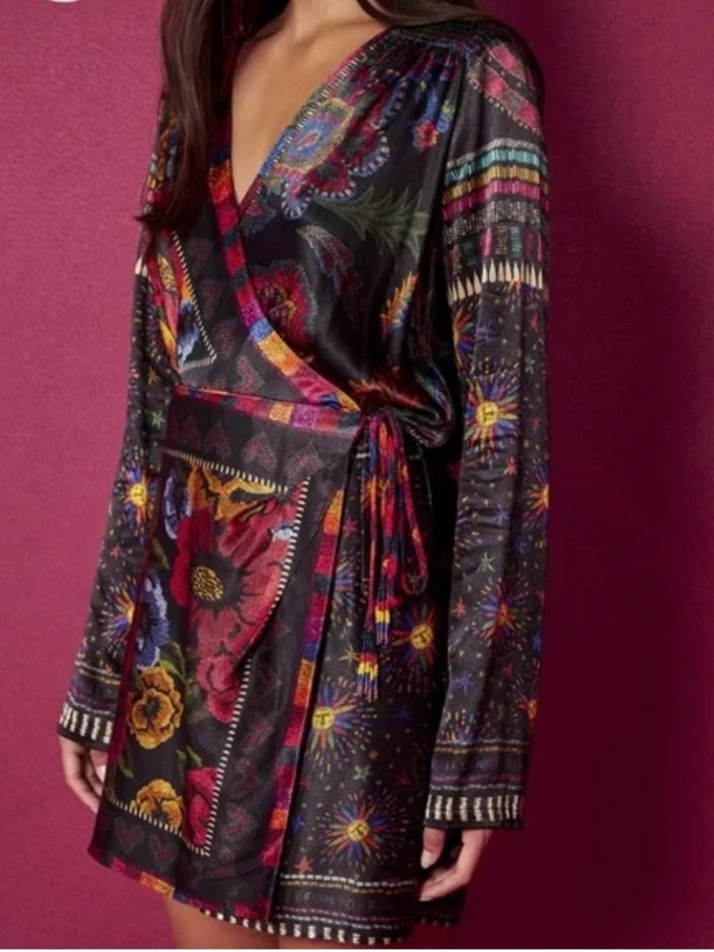 Farm rio colorful scarf print wrap dress tropical vacation floral mini M resort - Picture 13 of 13